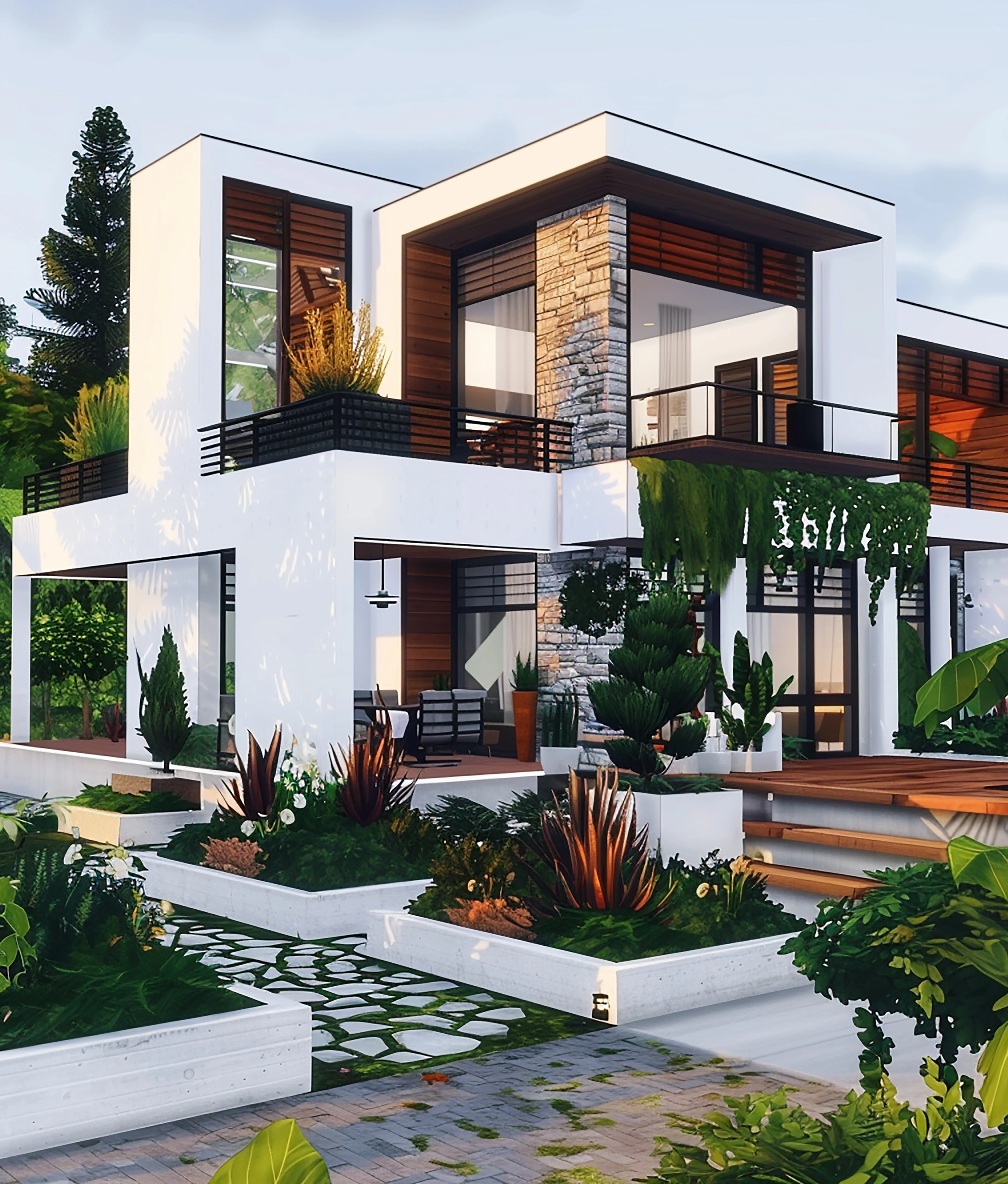 White contemporary villa with wood accents and lush terraced gardens