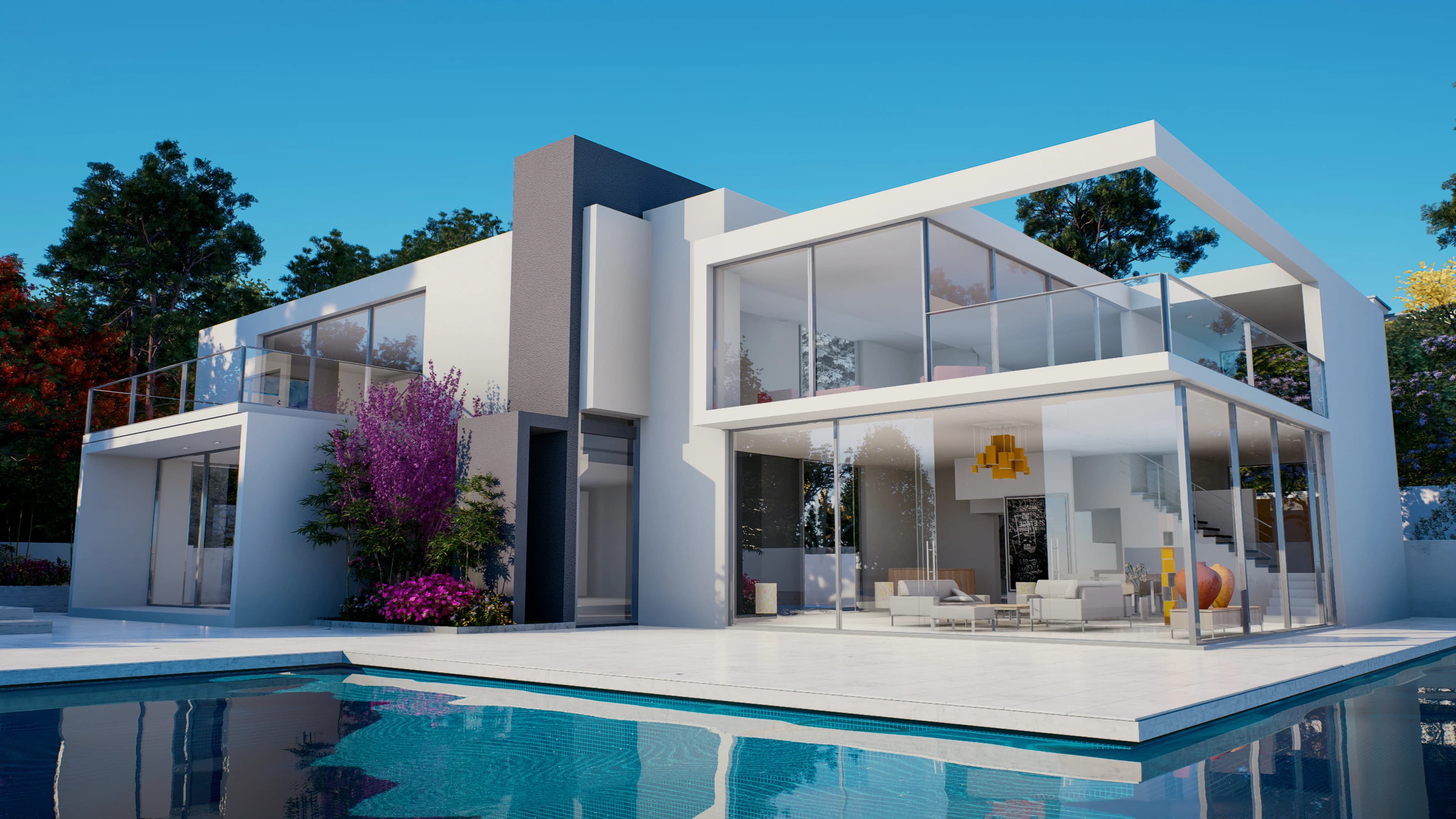 Modern glass-fronted home beside a bright blue swimming pool