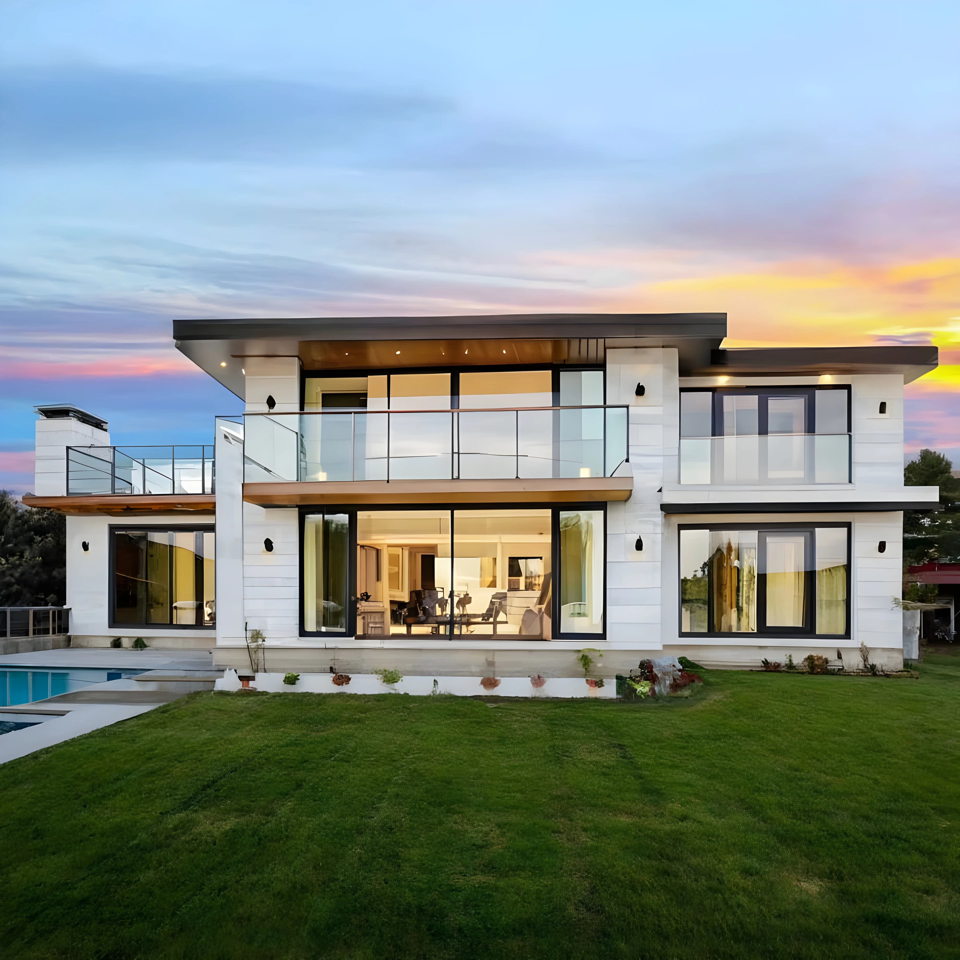 Contemporary two-storey home with glass balconies at sunset