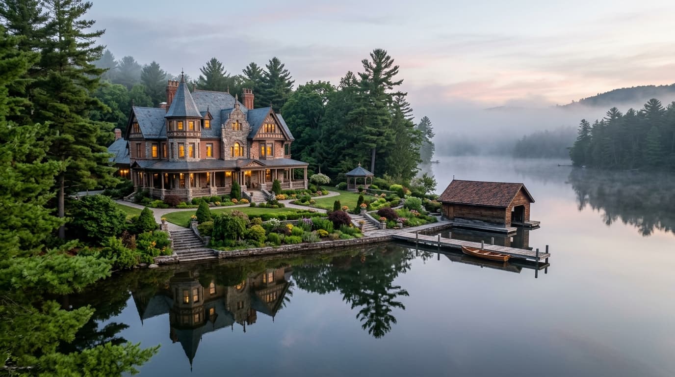 Grand lakeside manor with a boathouse in morning mist