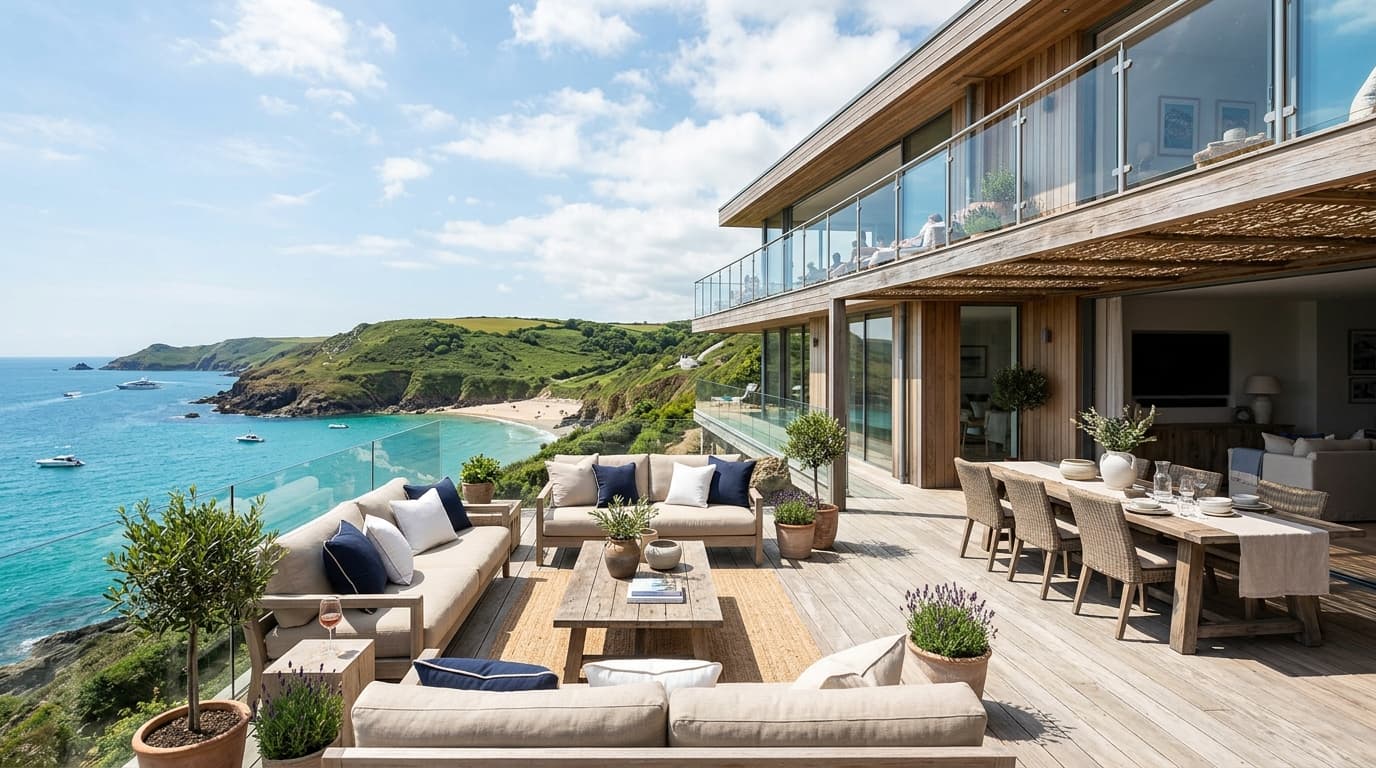 Clifftop beach house with a furnished terrace overlooking the bay