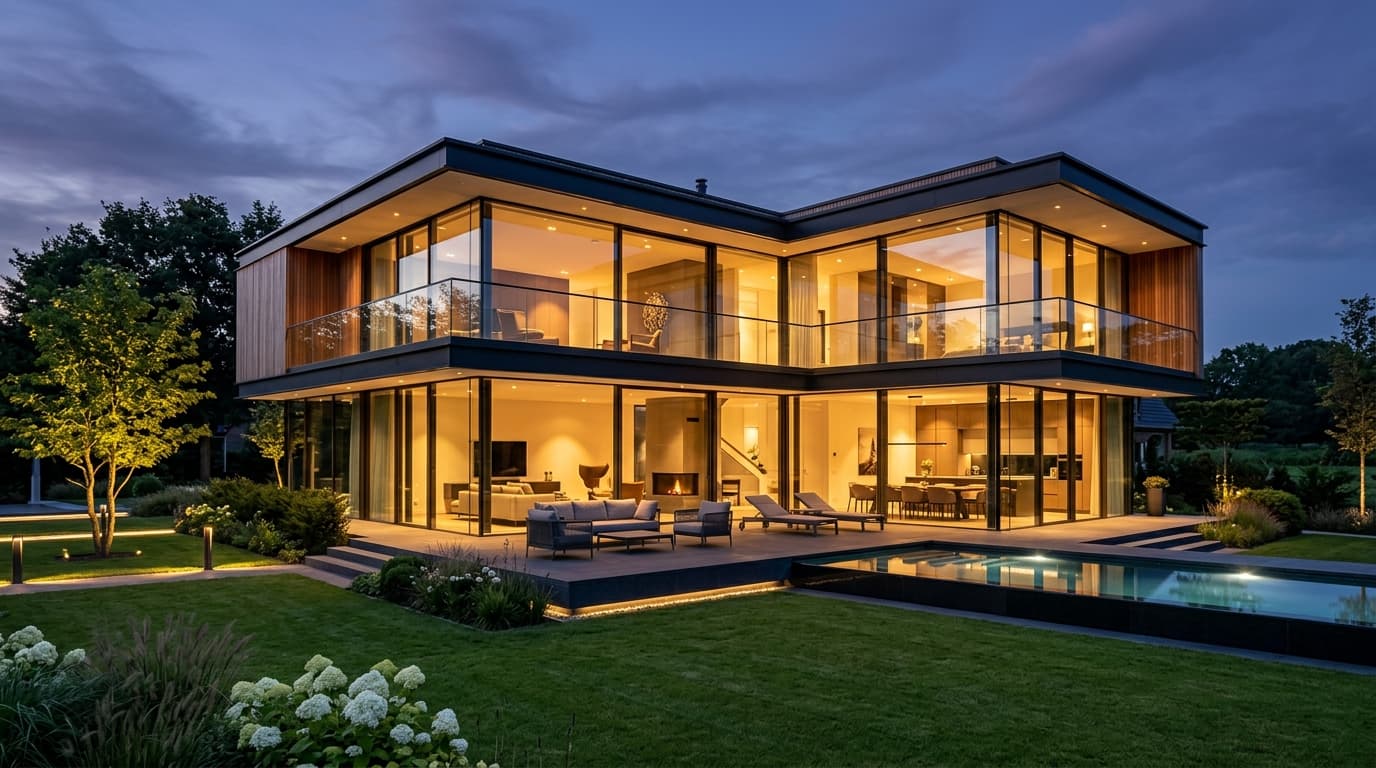 Glass-walled modern pavilion home glowing at dusk