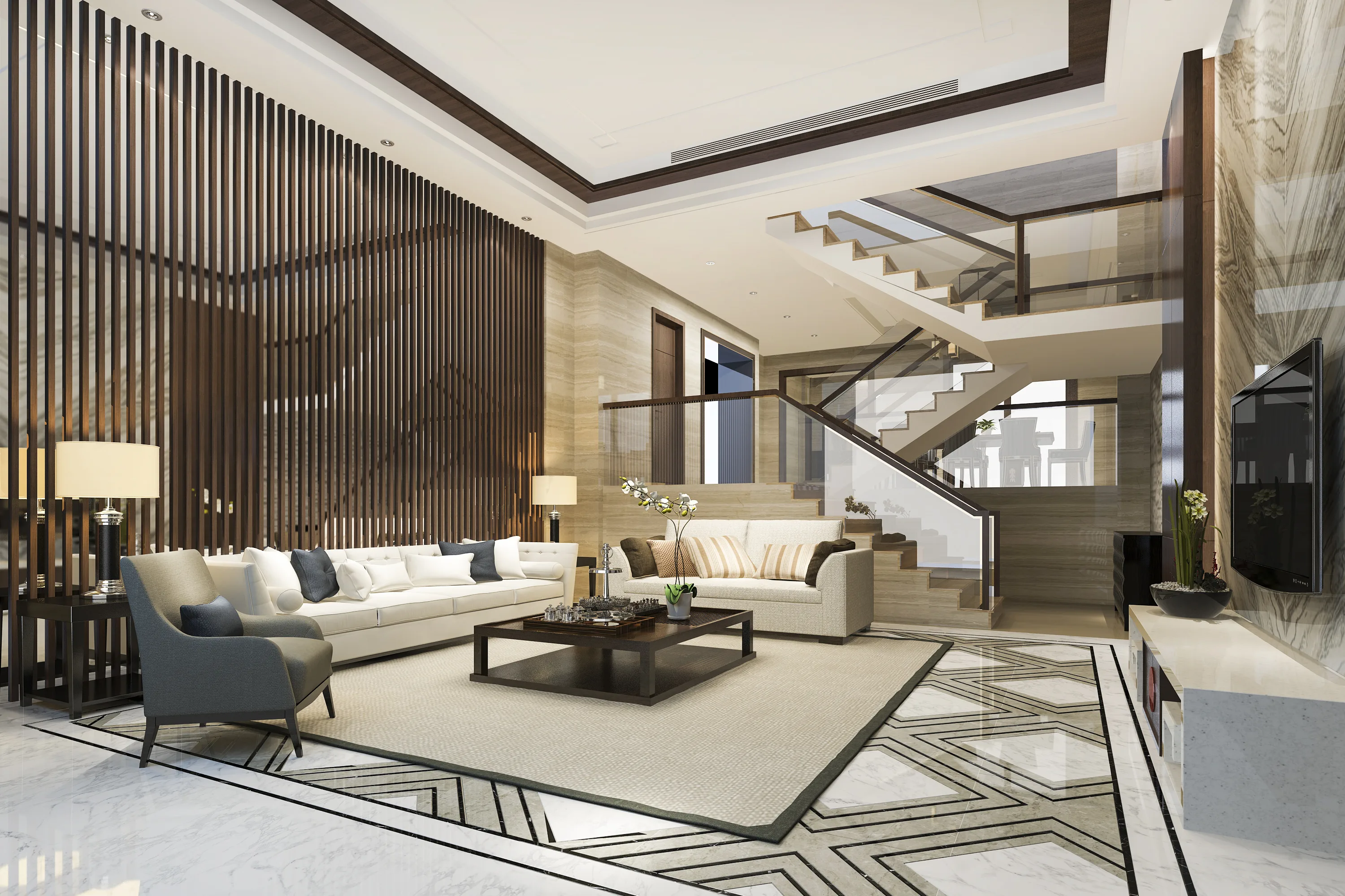 Contemporary living room with a glass-balustrade staircase