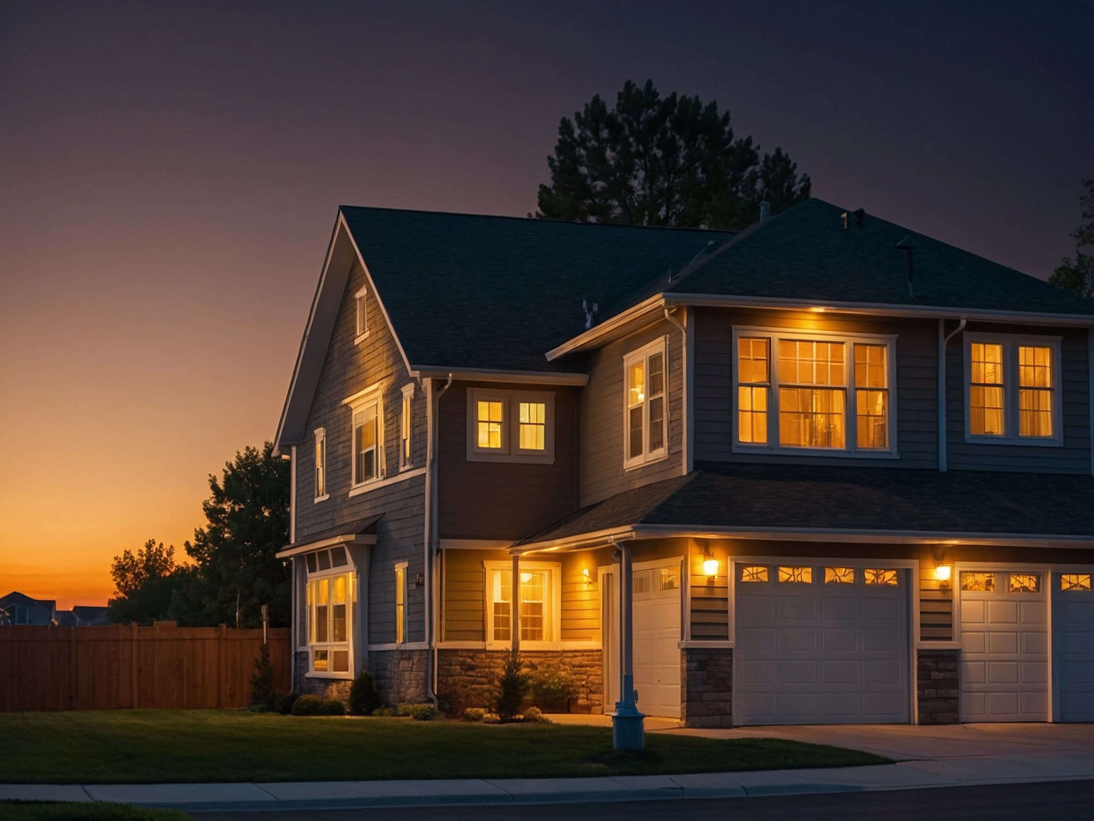 Suburban family home glowing at dusk