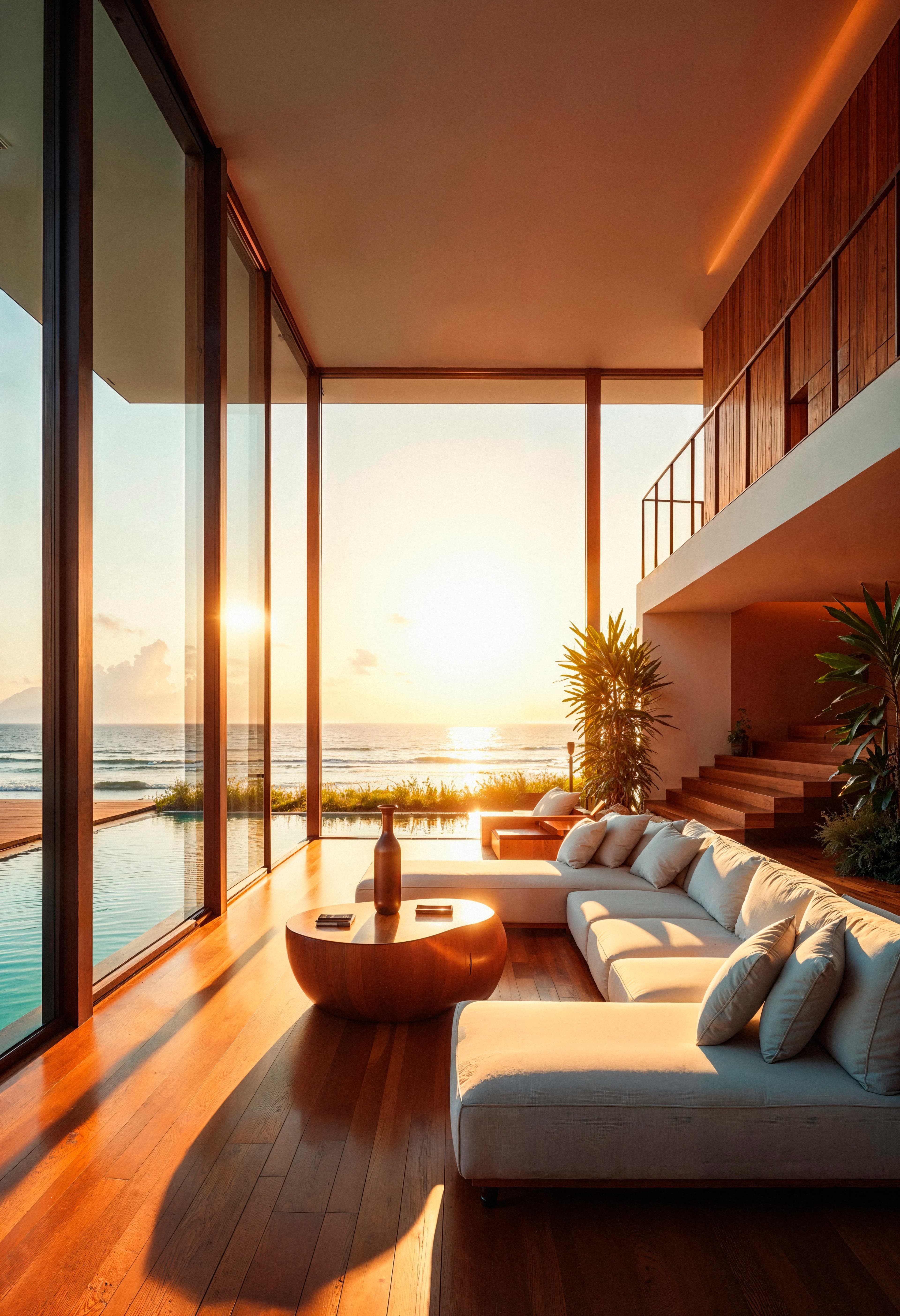 Sunlit living room with ocean views through full-height glass