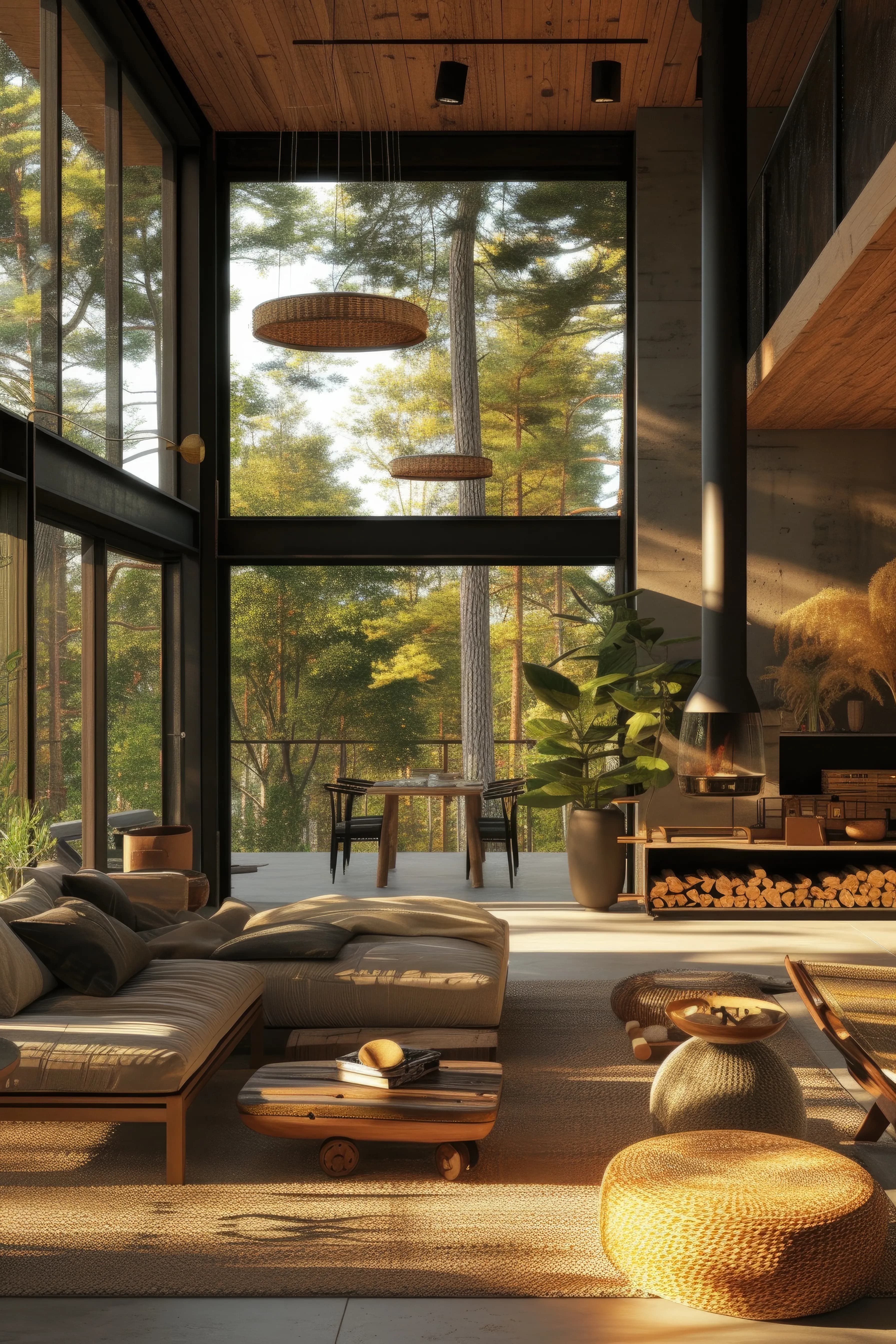 Living area with floor-to-ceiling windows looking onto a pine forest