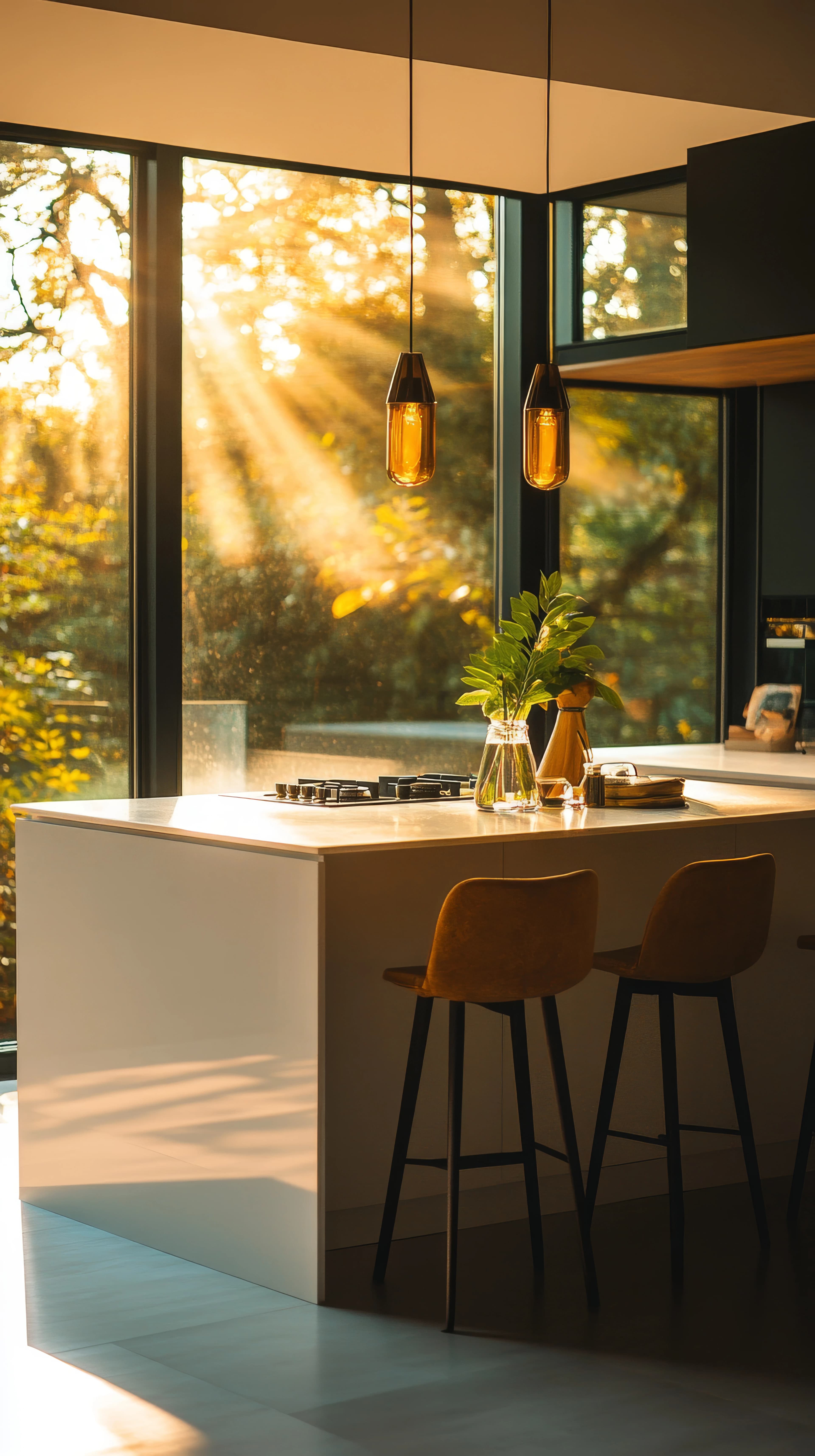 Sunlit kitchen island with bar stools and a bowl of plants