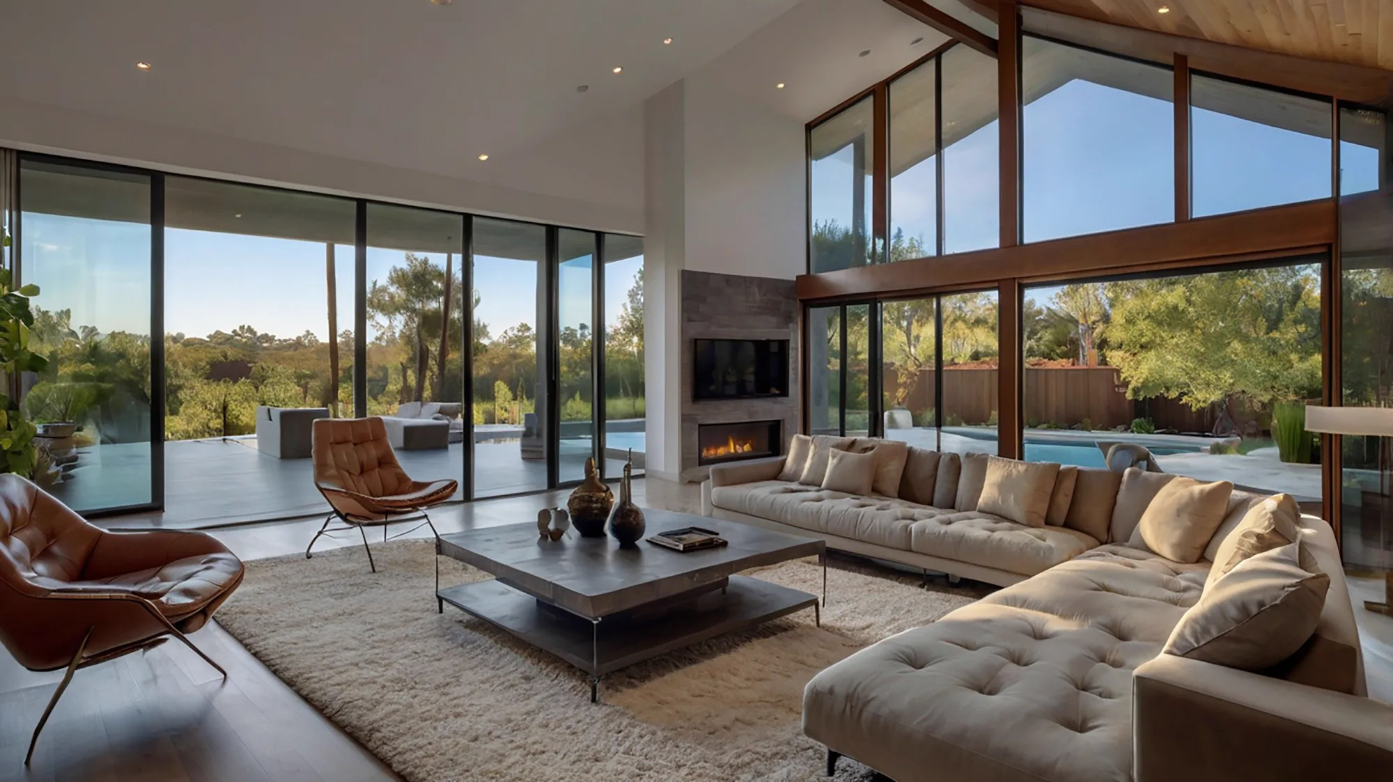 Sunlit double-height living room with floor-to-ceiling glass and a fireplace