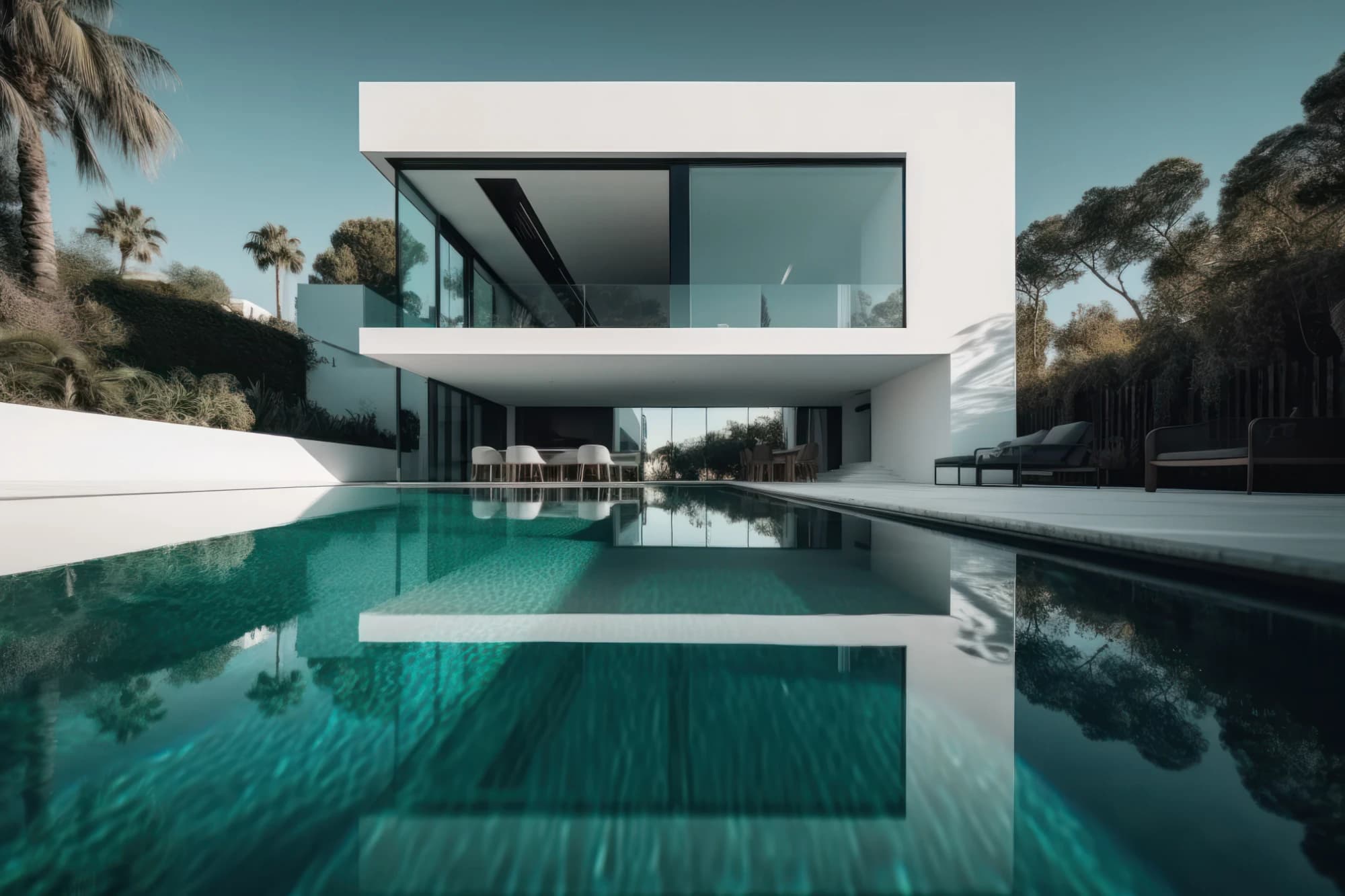 Modern white house with a glass balcony above a still turquoise pool